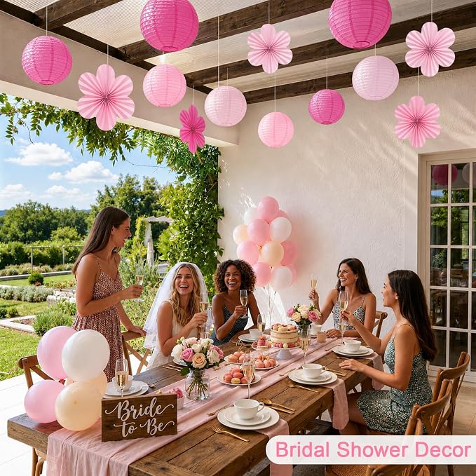 Pink Party Decorations, 18Pcs Hot Pink Paper Lanterns & Flower Fans Set | 8"-14" layered hanging decor for girls birthdays, bridal showers, baby showers, weddings, and girls night parties