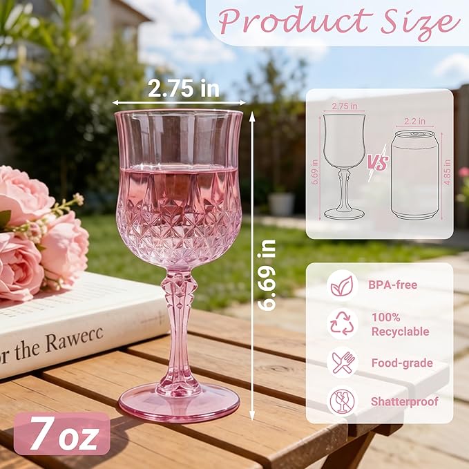 Plastic Wine Glasses, Plastic Goblets Vintage Style Cordial Unbreakable Drinking Glasses,Reusable Drinkware for Wedding Reception, Grand Event Party Supplies (24, Pink)