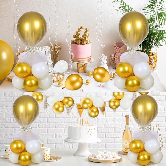BBTO 8 Set Gold and White Table Centerpieces Balloons Stand Kit, Latex Balloons and Table Stand Holder with Base Tulle for Wedding Birthday Grad Prom Centerpieces Party Back to School Baby Shower