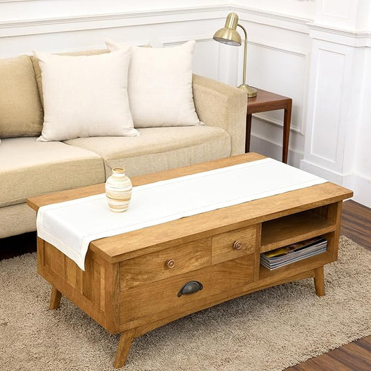 Solino Home White Table Runner 48 Inches - Cotton Linen Hemstitch Coffee Table Runner 14 x 48 Inch Ideal for Dresser Tables - Mothers Day, Spring, Summer, Memorial Day