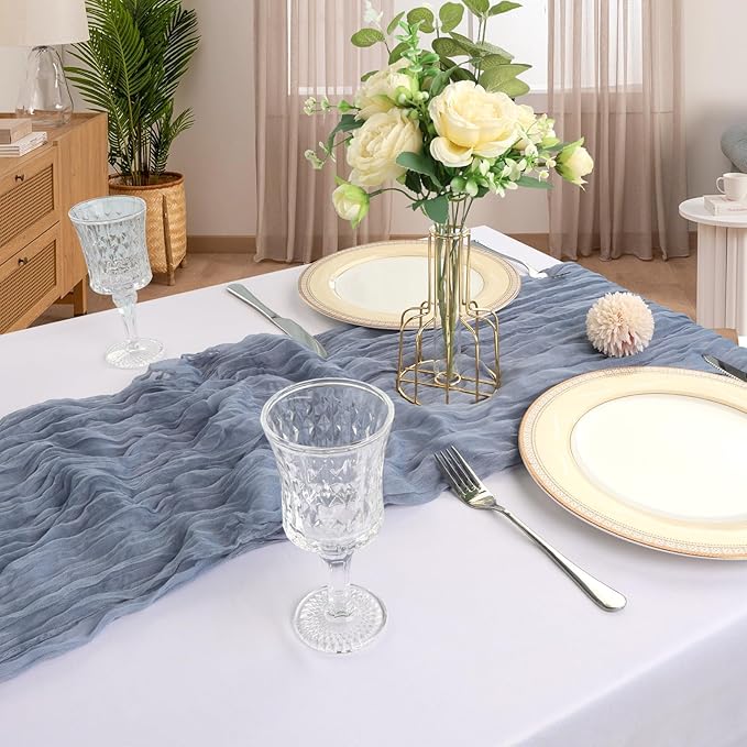 12 Pack 10FT Dusty Blue Cheesecloth Table Runner 120 Inch Long Gauze Rustic Boho Spring Cheese Cloth Table Runner Sheer Fabric Decorations for Holiday Party Wedding Banquet Bridal Baby Shower Décor