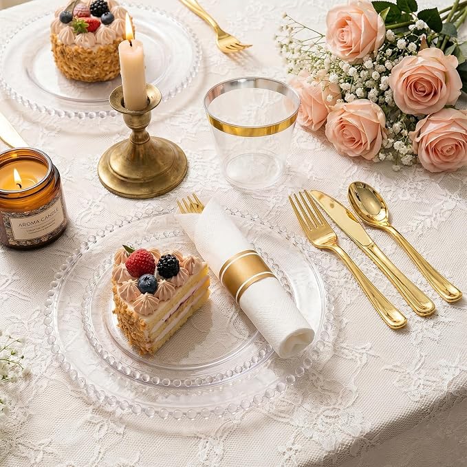 175pcs Plastic Dinnerware Set Clear 25 Guests for Wedding | Fancy Beaded Plastic Plates Include 50 Elegant Plastic Plates,25 Cups and 25 Pre Rolled Napkins with Cutlery Set