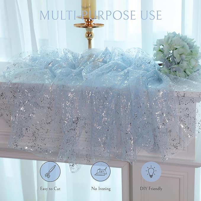 Snowkingdom Light Blue Silver Gauze Table Runner 10ft 120 inch Glitter Sheer Cheesecloth Tulle Home Dining Table Decoration for Bridal Baby Shower Summer Wedding Birthday Holidays Party