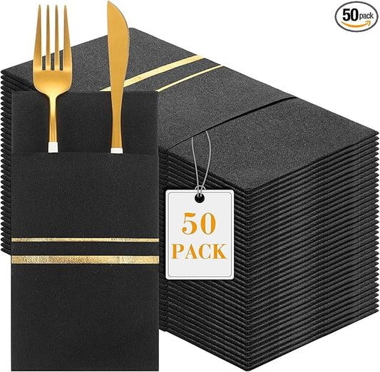 Roshtia 50 Pack Dinner Napkins Disposable Linen Feel Dinner Napkins with Built-in Flatware Pocket Gold Trim Lined Pre Folded Paper for Wedding Party (Black,Gold)