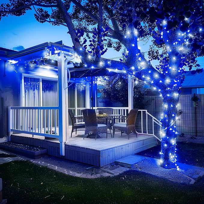 JMEXSUSS 250 LED Blue & White Christmas Lights, 91.5ft String Light Plug in | Christmas Tree Lights, Extendable, Green Wire, Waterproof, 8 Modes, Indoor/Outdoor, Porch Garden Patio Rail Christmas Decor