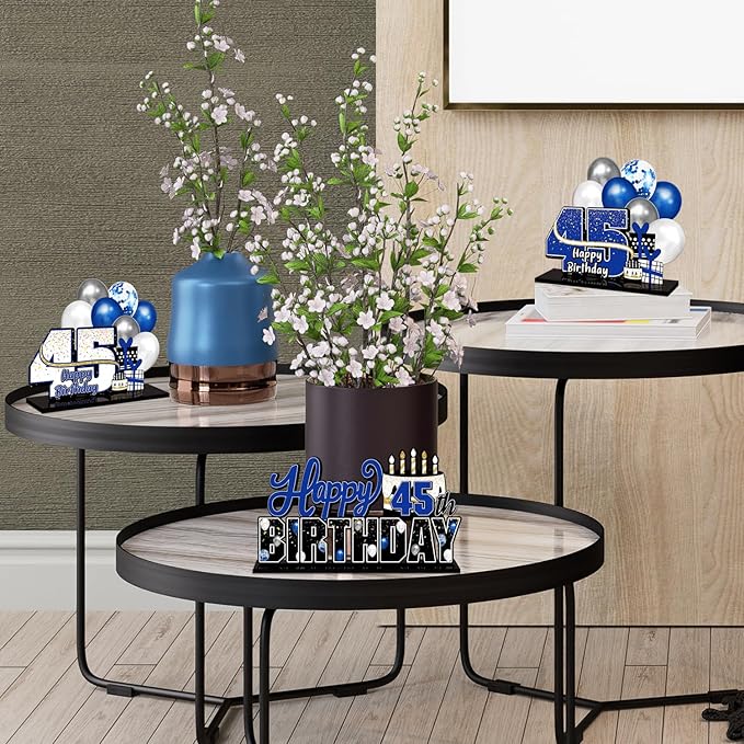 LINGTEER Happy 45th Birthday Blue Acrylic Table Topper Centerpieces Set - Cheers to 45 Years Old Birthday 45th Bday Party Gift Decorations.