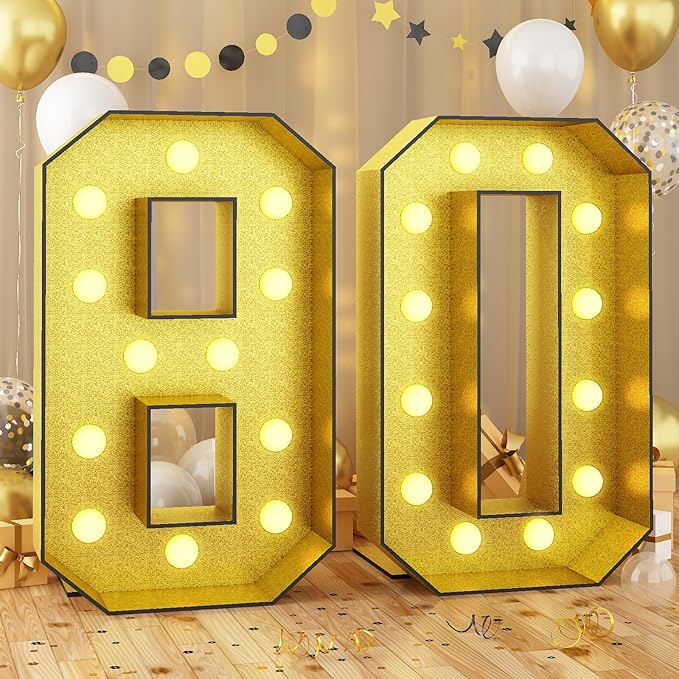 Light Up Numbers 80, 4FT Light Up Numbers Marquee 80 Gold Large Mosaic Number for Men Women, Giant Number Pre-Cut Foam Board Kit for 80th Birthday Anniversary
