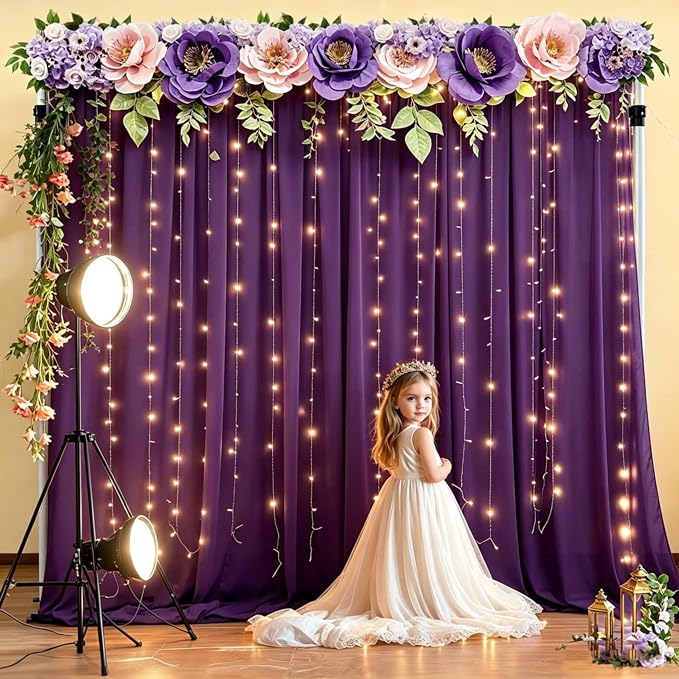 20 x 10ft Purple Chiffon Backdrop Curtain with Lights String for Parties,4 Panels Sheer Tulle Curtain Wedding Backdrop for Baby Shower Birthday Party Ceremony Reception Home Decorations