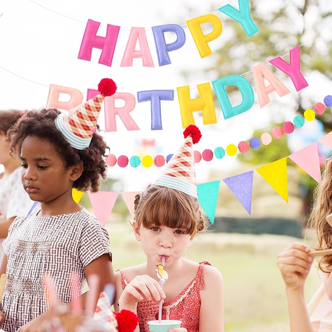 CANREVEL Pre-Strung 3D Happy Birthday Banner, 3 PCS Happy Birthday Felt Garland, Pom Pom Garland, Triangle Fabric Garland Bunting, Reusable Birthday Decorations for Women Men Girls Boys, Pastel Candy