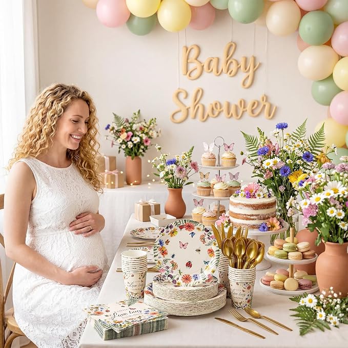 Ziliny 350 Pcs Love Bug Baby Shower Decoration Wildflower Baby Shower Paper Plates Napkins Tableware for Gender Reveal Newborn Party Serves 50 Guests