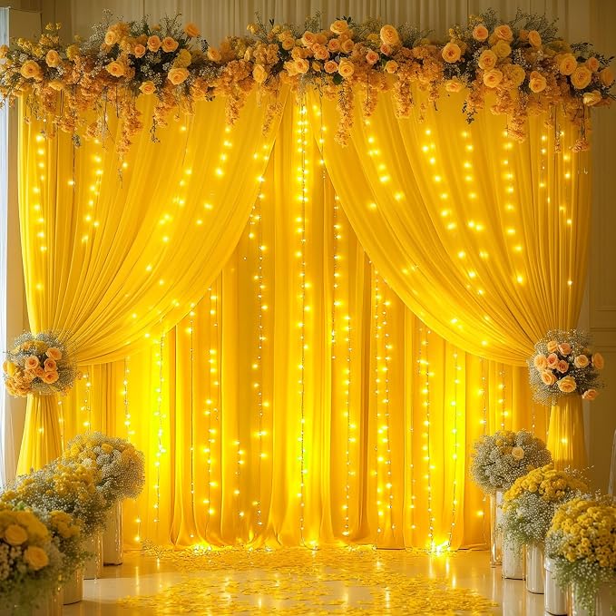 Yellow Backdrop Curtains with Lights for Parties,10x10FT Wrinkle Free Wedding Photo Backdrop Light Tulle Curtains for Baby Shower Birthday Ceremony Reception Home Party Decorations-5ft x 10ft
