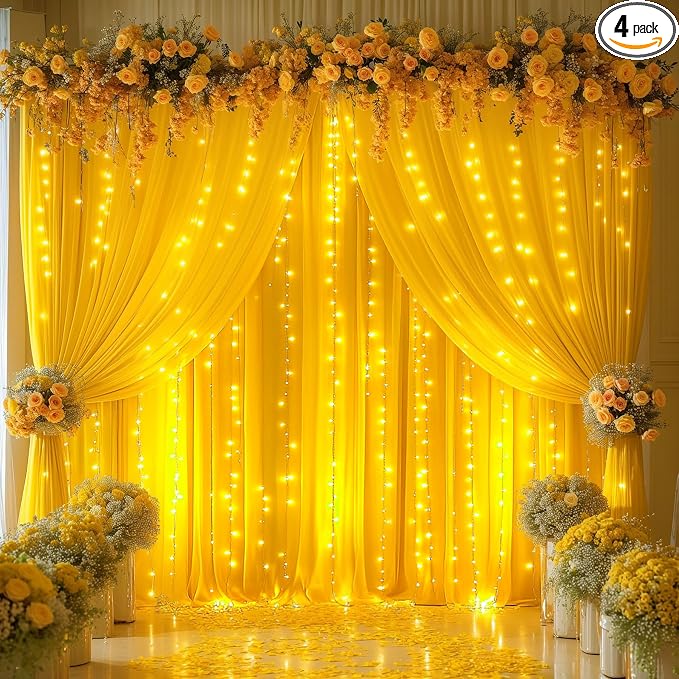 20x10FT Yellow Backdrop Curtains with Lights for Parties,Wrinkle Free Wedding Photo Backdrop Curtains for Baby Shower Birthday Ceremony Reception Home Party Decorations-5ft x 10ft,4 Panels