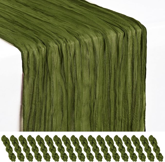 18 Pack Olive Green Cheesecloth Table Runner 17 x 108 inch Boho Gauze Table Runner Rustic Sheer Cheese Cloth Table Decorations for Wedding Party Baby Bridal Shower Birthday Holiday HOM