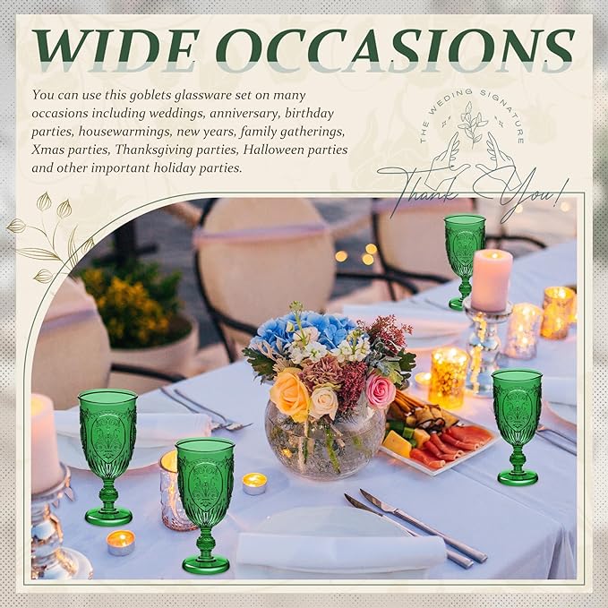 Wiwiqing 24 Pcs Plastic Goblets 7.5oz Vintage Goblet Plastic Wine Glasses Colored Retro Embossed Water Goblets for Wine Bar Juice Baby Shower Wedding Reception Grand Event Party (Dark Green)