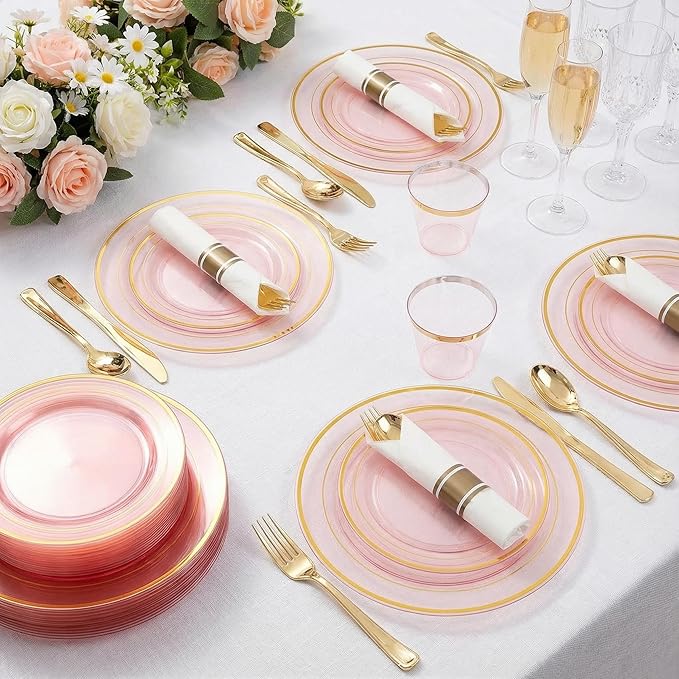 WELLIFE 350Pcs Clear-Pink Plastic Dinnerware- Pink and Gold Plastic Dinnerware include 50 Dinner Plates, 50 Dessert Plates, 150 Gold Silverware, 50 Cups and 50 Napkins Perfect for Parties