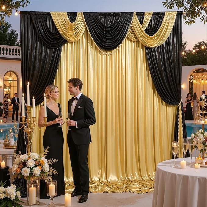 20ft x 10ft Gold Black Sequin Backdrop Curtain for Parties, Wrinkle Free Glitter Photo Backdrop Drapes 4 Panels 5x10ft Back Drop Cloth for Wedding Photography Background