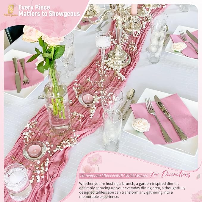 4 Pack Dusty Rose Cheesecloth Table Runner 17 x 108 inch Boho Gauze Table Runner Rustic Sheer Cheese Cloth Table Decorations for Wedding Party Baby Bridal Shower Birthday Holiday Home