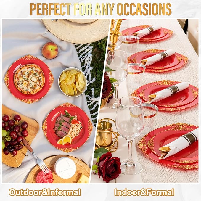 Nervure 100PCS Red and Gold Plastic Plates - 10.25inch Red Disposable Plates - Heavyweight Dinner Plate for Wedding & Party & Mothers Day