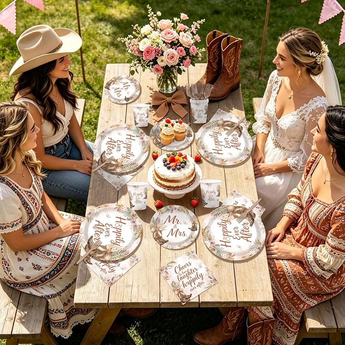 250Pcs Boho Cowgirl Bridal Shower Party Supplies Cheers to Love Laughter and Happily Ever After Plates and Napkins Tableware Set Wedding Decorations for Western Engagement Mr and Mrs Party Serve 50