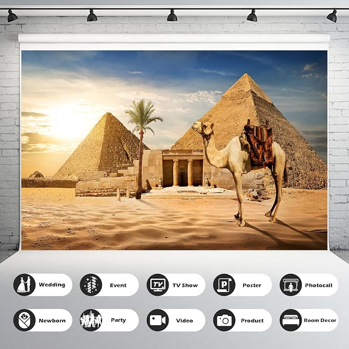 Egypt Pyramids Backdrop Ancient Egyptian Pyramid Camel Photography Background Giza Desert Scene Coconut Tree Sunset Sky Scenery Backdrops Egypt Party Supplies Studio Photo Shoot Props 10x6.5ft