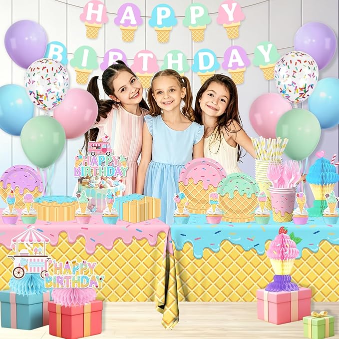 Ice Cream Birthday Party Decorations for Girl, 190Pcs Ice Cream Party Supplies Plates Napkins Tablecloth Banner Balloons Table Centerpieces for Kids Summer Birthday Ice Cream Party Decor, Serves 24