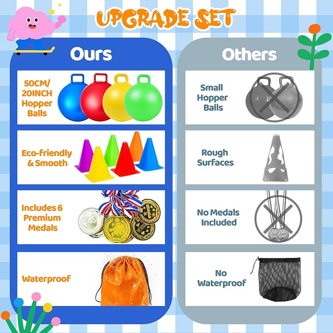 JOY SPOT! Carnival Outdoor Games Combo Set for Kids, 18 Inch Hopper Balls with Handles, Ring Toss, Bean Bags, Egg Spoon Relay Race, Fun for Backyard, Field Day, School, Birthday Parties, Family Events