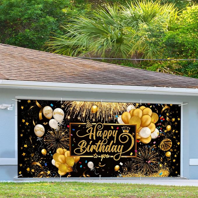 Happy Birthday Garage Door Banner Cover 7x16FT Waterproof –Luxury Black Gold Fireworks & Balloons Backdrop with Crown Design,Indoor Outdoor Decor for Birthday Party,Anniversary, Photo Booth