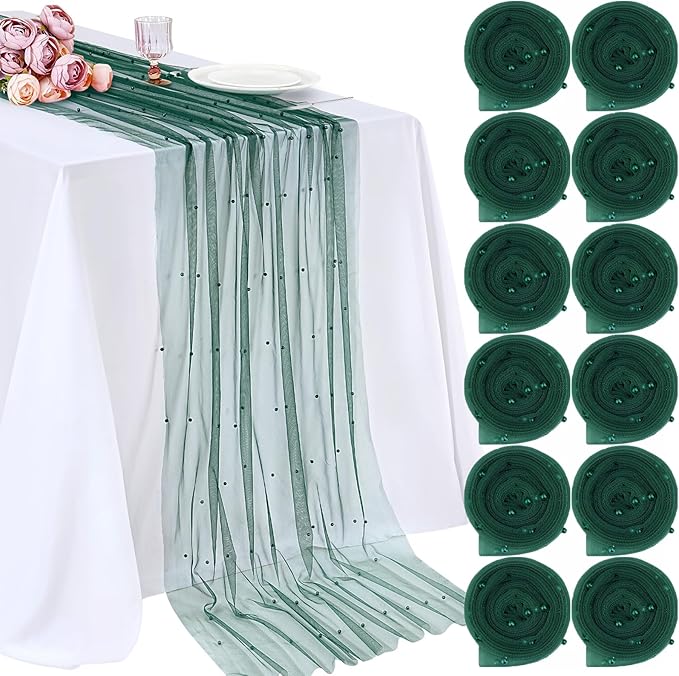 Pearl Table Runner Tulle Fabric: 10ft Pearl Kitchen Linen 29x120 Inch 12pcs Emarald Green Sheer Gauze Fabrics for Wedding Decor Birthday St. Patrick's Day Party Dining Table Cover
