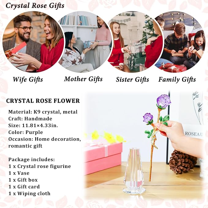 Arikyrist Purple Rose Flower Crystal Figurine with Vase, Handmade Bouquet Glass Flowers Ornament Rose Gifts for Wife Women, Crystal Flower Home Table Decor for Valentine Mother's Day Wedding