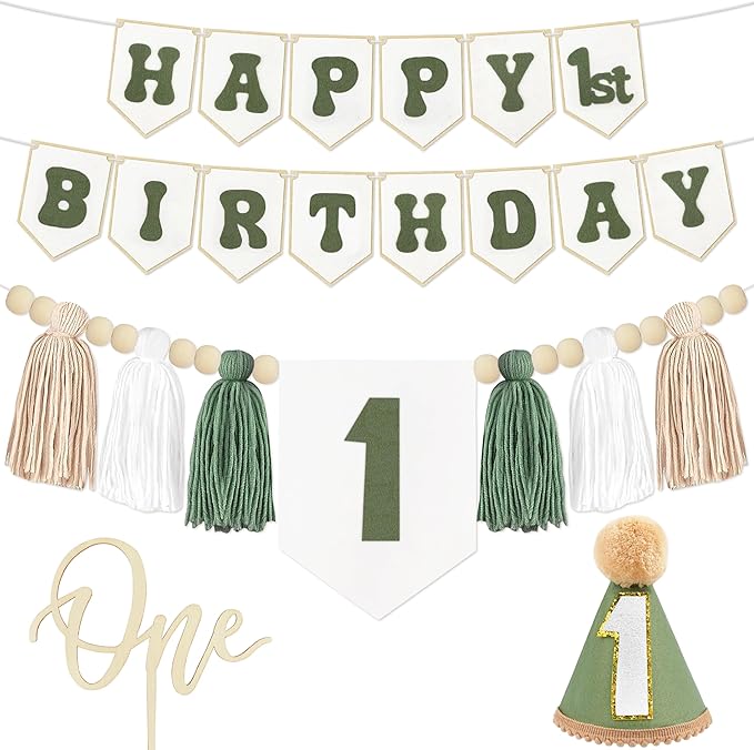 THAWAY 1st Birthday Decorations Boy, White Green First Birthday Becorations for Boy with Banner, Tassel Wood Bead High Chair Banner, Hat and Wood Cake Topper for One Year Old Party Decor