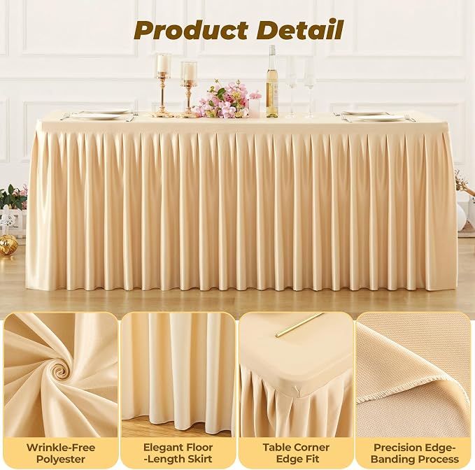 Dark Champagne Polyester Table Cloths for Rectangle 8 Foot Tables, 6 Pack Wrinkle Free Tablecloths Stretchy Banquet Ruffle Fitted Table Cover Desk Skirt for Parties Wedding Birthday Baby Shower