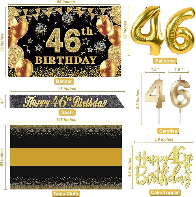 46th Birthday Decorations Men Women with 46th Birthday Banner, Black and Gold Table Cloth, Number Balloons, Large Sash, Cake Topper and Candles