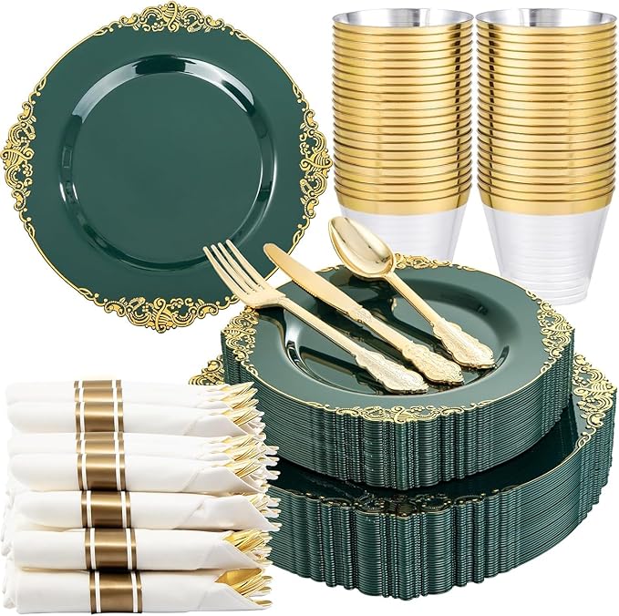 Nervure 175PCS Green Plastic Plates - Disposable Green Gold Party Plates & Pre Rolled Napkins with Cutlery for 25 Guests, 50Plates, 75Silverware, 25Cups, 25Napkin for Wedding & Party & St Patricks Day