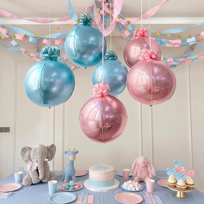 6 Pack Pink and Blue 4D Orb Balloons - 22 Inch Large Metallic Sphere Mylar Balloons with Pull Bows, Hanging Ceiling Decorations for Gender Reveal, Baby Shower & Baby Birthday Party