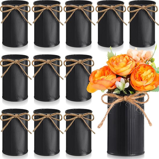 Rustic Vase for Table Centerpieces 4.33 Inch Small Petite Flower Vase with Twine Bow Vintage Farmhouse Decor for Wedding Reception Dining, Home Galvanized Metal Buckets(Black,12 Pcs)