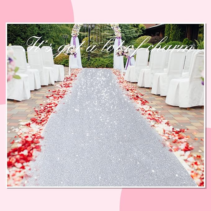 Shihanee Sequin Aisle Runner for Wedding Glitter Rug with Carpet Tape Sparkly Prom Outdoor Floor Birthday Carpet Runner for Ceremony Event Graduation Party(4 x 15 ft,Silver)