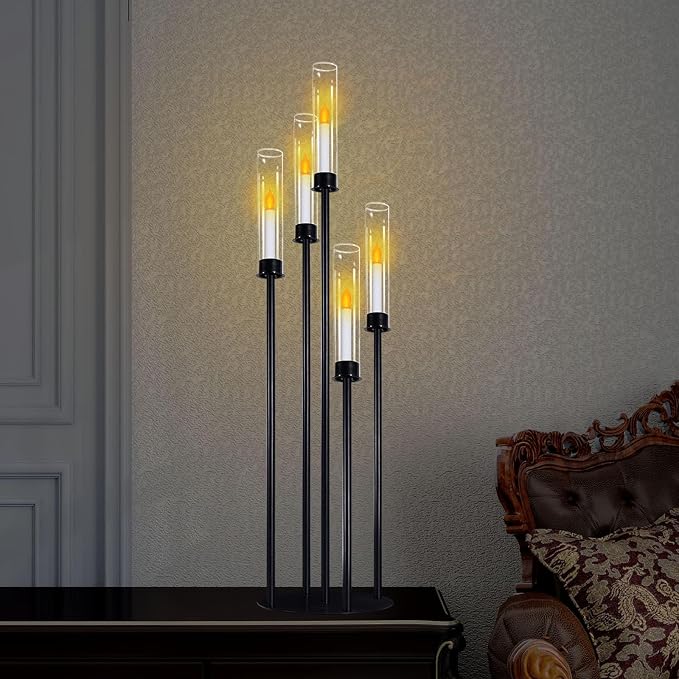 Black Candelabra with Glass Cylinders for Real Candles 5 Head Metal Candle Holder Wedding Centerpiece Ceremony Reception Event Party Home Decoration (1, L)