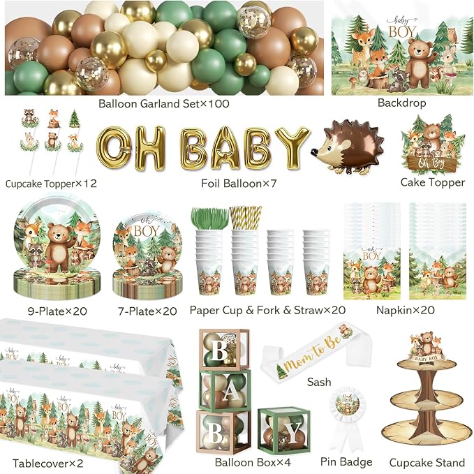 254Pcs Woodland Baby Shower Decorations, All-in-one Baby Boy Woodland Forest Animals Party Set with Plates, 2 Tablecloths, Cupcake Stand Woodland Theme Baby Shower Decorations