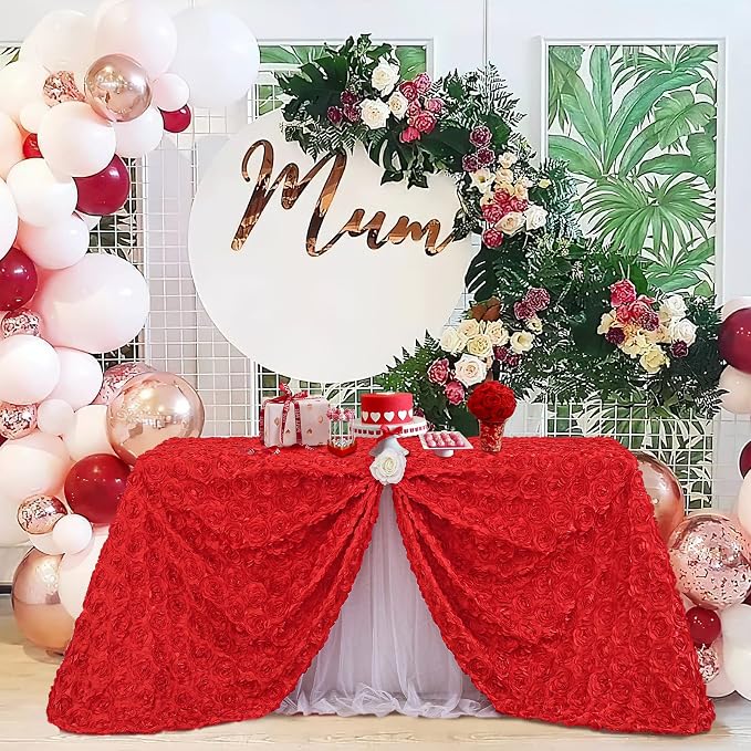 Red Rosette Tablecloth Rectangle Elegant Table Cover 90x132Inches Rosette Florals Satin Line for Wedding Party Table Decor