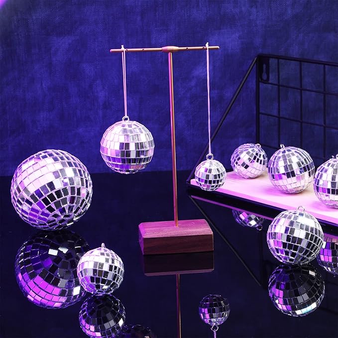 MTLEE 20 Pcs Disco Balls Decoration Mirror Disco Ball Assorted Silver Hanging Mini Glass Different Sizes Reflective with Rope for 70s Wedding Dance Music Prom Props(3.9 Inch, 3.15 Inch, 2 Inch)