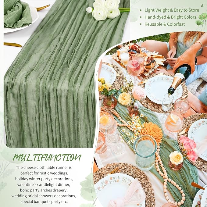 18 Pack Sage Green Cheesecloth Table Runner 17 x 108 inch Boho Gauze Table Runner Rustic Sheer Cheese Cloth Table Decorations for Wedding Party Baby Bridal Shower Birthday Holiday Home