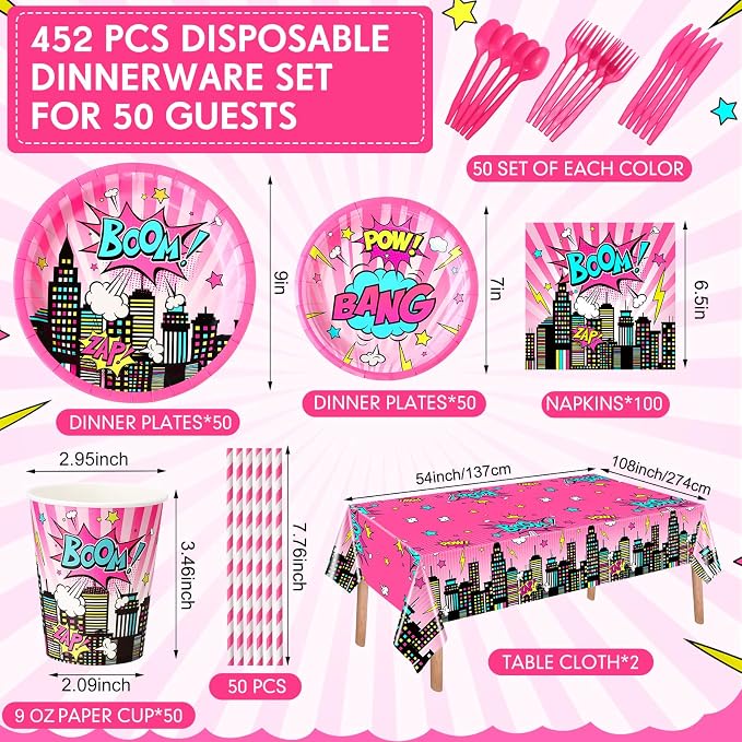 Potchen 452 Pcs Party Supplies Serve 50 Guests, Paper Plates Napkins Cups Cutlery Plastic Tablecloth Dinnerware for Birthday Wedding Party Decoration (Bright Pink, Hero)