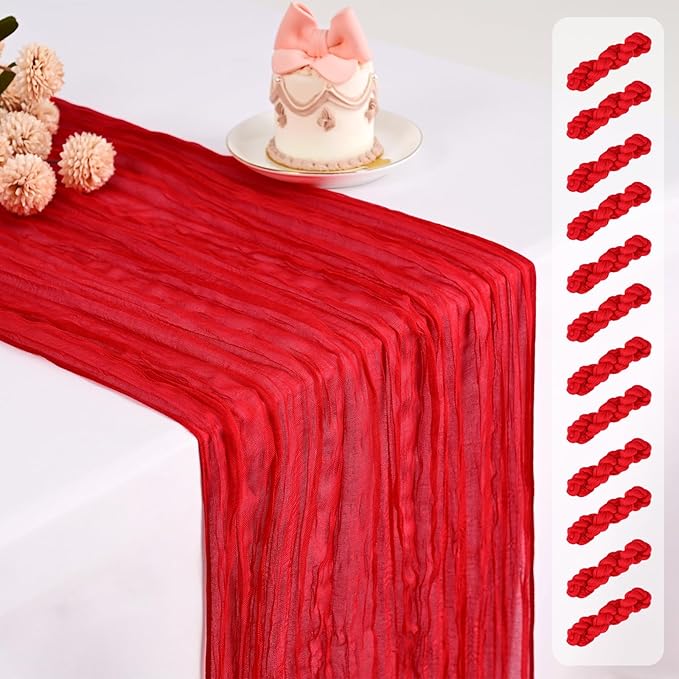 Pesonlook 12 Pack Cheesecloth Table Runner,Red Table Runner Long Romantic Semi Sheer Rustic Boho Gauze Table Runners for Wedding Bridal Shower Birthday Party Decorations(17.7×108 Inch)