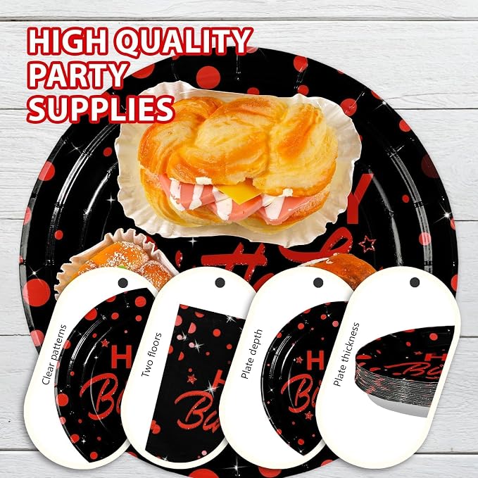 Grencian 96Pcs Red and Black Birthday Party Decorations Red Polka Dots on Black Paper Plates and Napkins Disposable Dessert Tableware for Men Women Birthday Party Decorations 2026 Serves 24