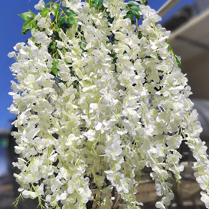 AITISOR 12 Pack Artificial Flowers Silk Wisteria Vine Ratta Hanging Flower (White)