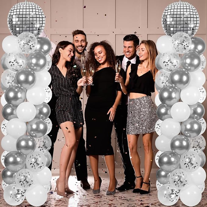 2 Sets Disco Ball Party Balloon Column Stand Kit with 102 Silver Disco Foil Balloons 5.57Ft Adjustable Balloon Tower Stand with Base Adjustable Arch Column for 70s 80s 90s Dance Birthday Supply