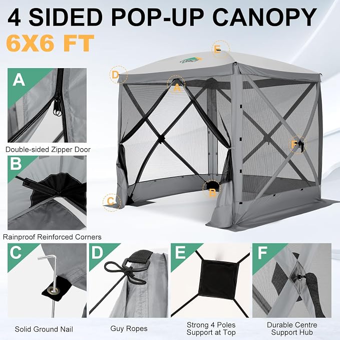 COBIZI 6x6 FT Pop up Gazebo, Popup Canopy Tent, Screened in Gazebos with sidewalls, Waterproof Portable Outdoor Small Screen Tents Sun Shelter,carpas para Patio for Camping, Garden and Backyard,Grey