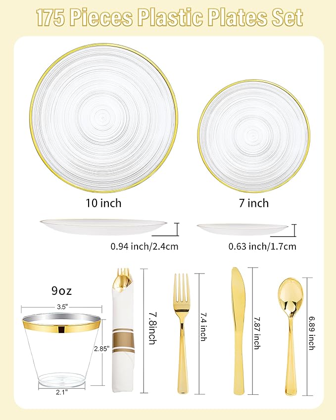 Morejoy 175PCS Clear Gold Plastic Plates - Disposable Gold Party Plates & Pre Rolled Napkins with Cutlery for 25 Guests, 50Plates, 75Silverware, 25Cups, 25Napkin for Party & Wedding & Mother's Day