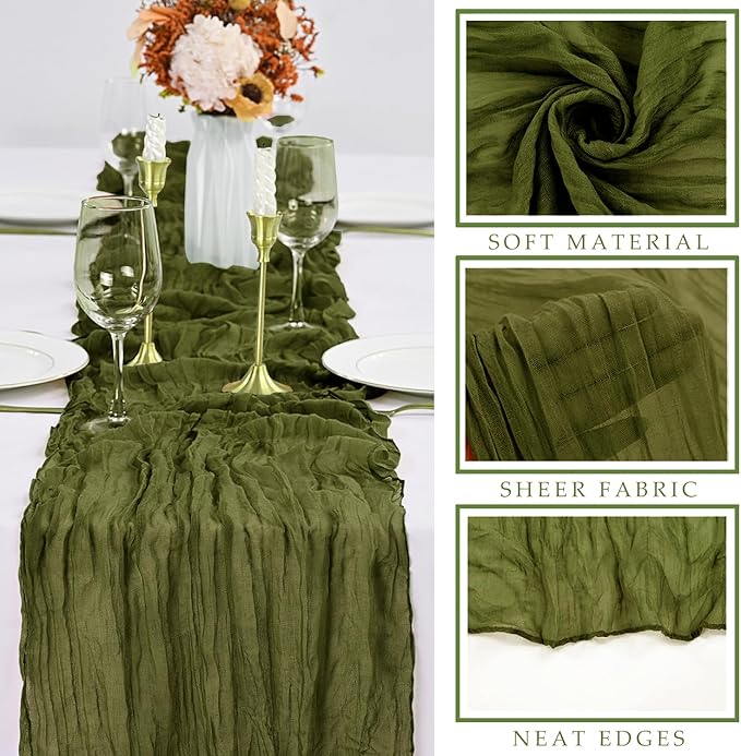 6 Pieces 10FT Olive Green Cheesecloth Table Runner Boho Gauze Fabric Runner for Tables Rustic Sheer Runner for Wedding Bridal Shower Birthday Holiday Party Table Arbor Decor (35 x 120 Inches Long)