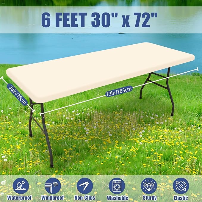 Moosfor Spandex 6 Foot Rectangle Table Cloth 6 Pack, Elastic Fitted Tablecloths for Picnic, Stretch Washable Patio Table Cover for Outdoor, Camping, Banquet and Parties (Champagne, 30"x72")